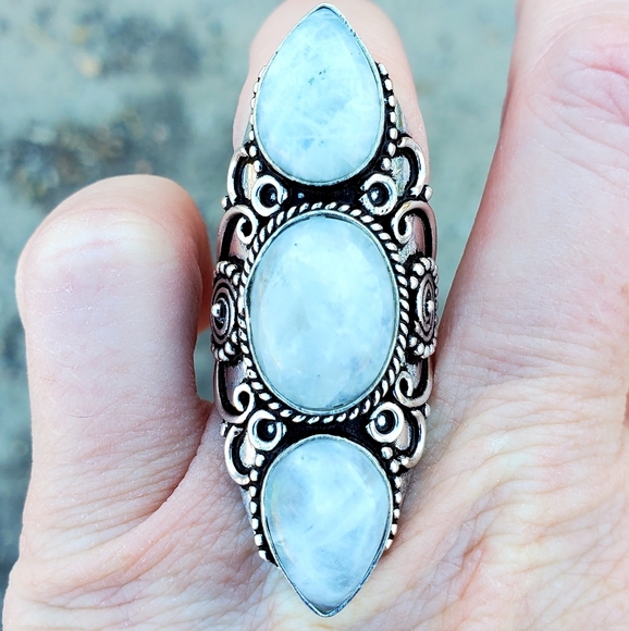 New Rainbow Moonstone 925 Silver Statement Ring. - Picture 2 of 15